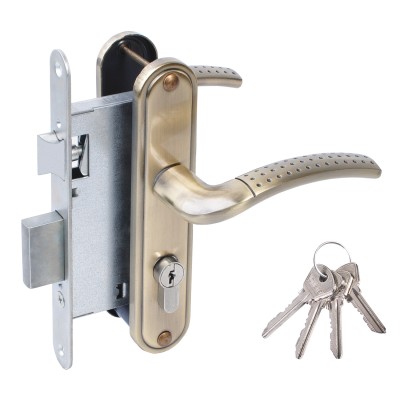 Замок врезной цилиндровый с защёлкой в комплекте с ручкой ЗВ4-55.27 (ант.бронза), 4 кл.